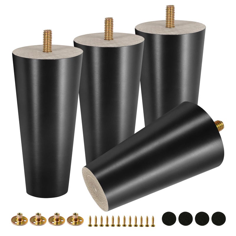 FoDau770 Black Rubber Wood Furniture Legs 5 Inches, Straight Tapered Wood Feet Mid Century Sofa Legs Set of 4, 5/16"" UNC Furniture Feet Replacement Parts for Cabinet Couch Dresser Chair Ottoman Table - Image 1